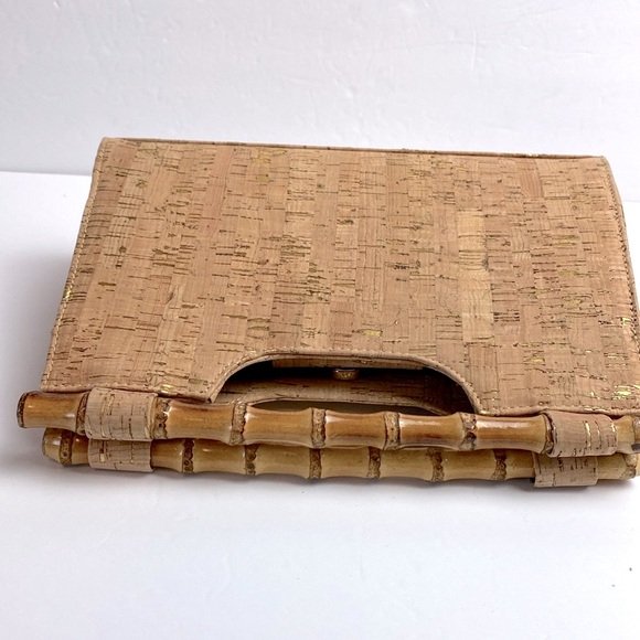 Alessia Bianchi Gold Cork Clutch Purse With Bamboo Handle - Picture 4 of 8